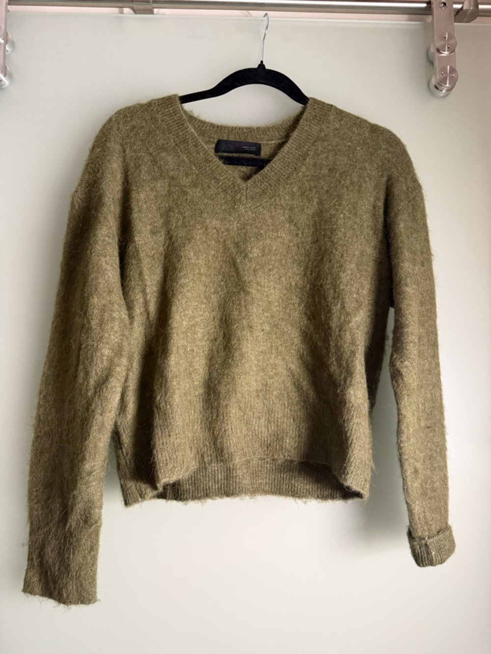Zara Olive V-Neck Fuzzy Knit Sweater